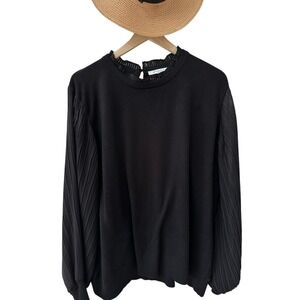 Siani Milano‎ Knit Top 2X Black Pleated Chiffon Balloon Sleeve Mixed Media